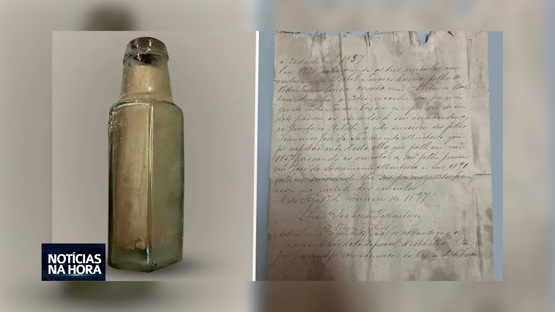 Documento com mais de 125 anos é encontrado dentro de uma garrafa durante obras no Museu Municipal.