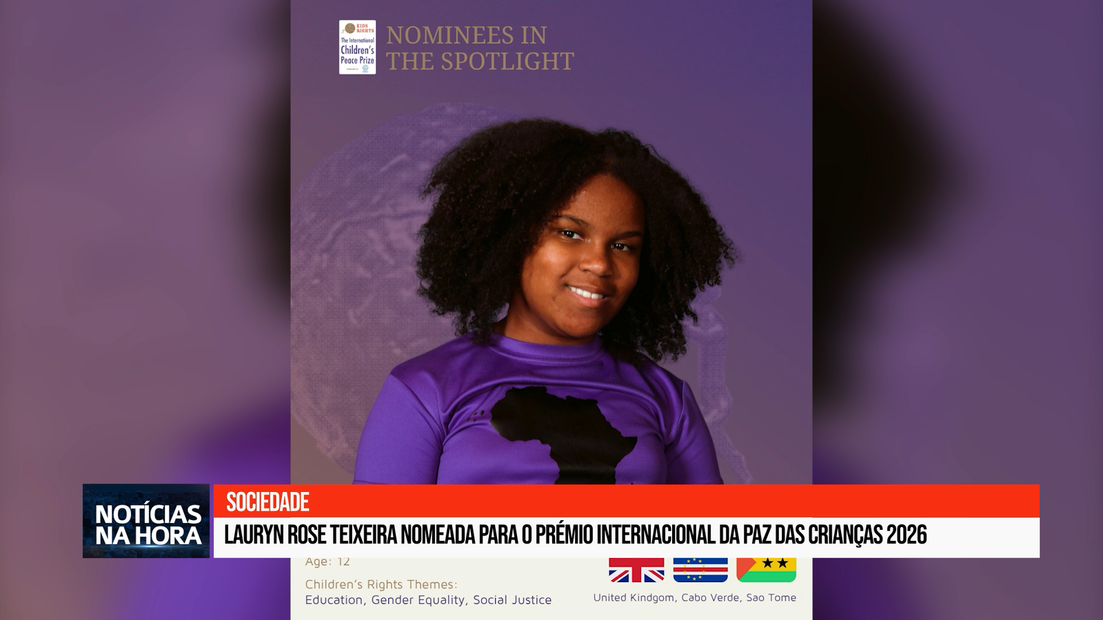 Lauryn Rose Teixeira nomeada para o Prémio Internacional da Paz das Crianças 2026